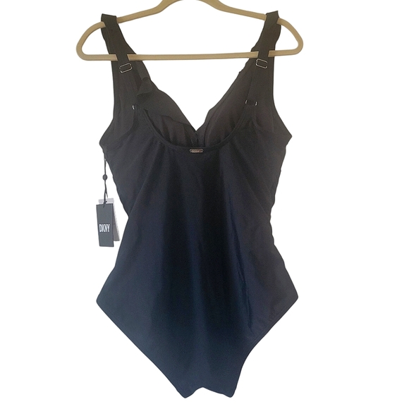 DKNY Black Ruffle Plunge Underwire Tummy Control 50 UPF One Piece Swimsuit NWT - Picture 2 of 7
